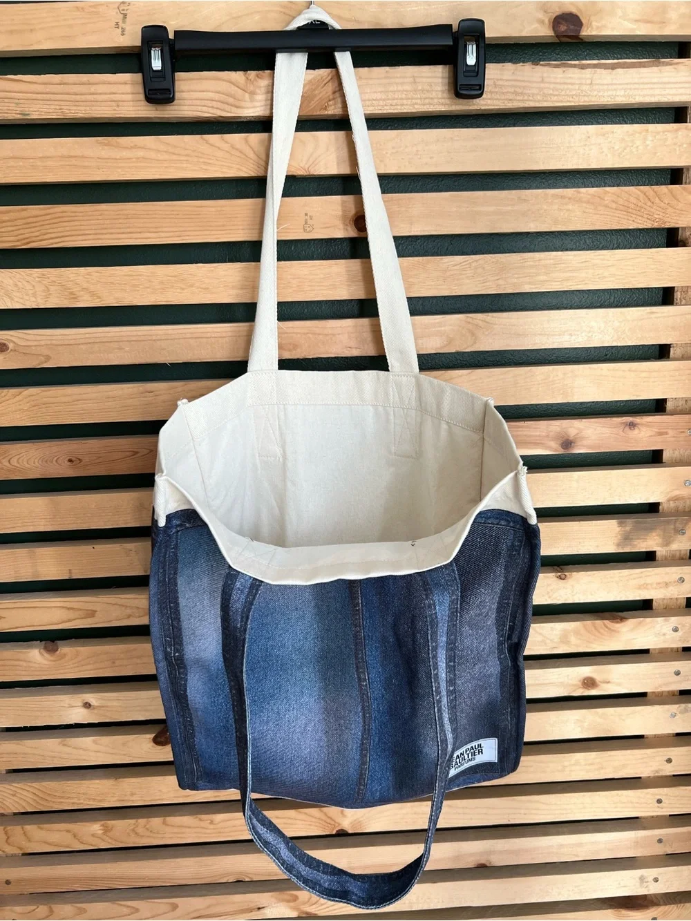 Jean Paul Gaultier Denim-Print Canvas Tote in Blue and Cream
